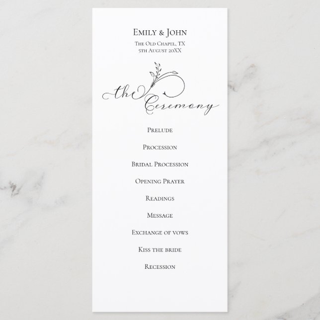 Elegant Leaf Black Script Typografy Wedding Programm (Vorderseite)