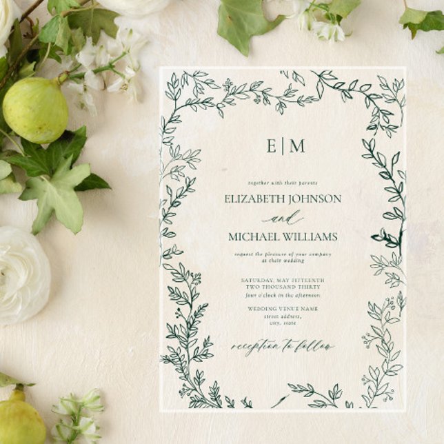 Elegant Leaf Emerald Green Monogram Wedding Acryleinladungen (Von Creator hochgeladen)