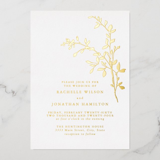 Elegant Leaf Wedding Gold Folieneinladung (Vorderseite)