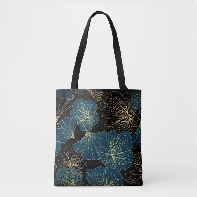 Elegant Leaves of Blue With Gold Lines Botanical Tasche (Vorderseite)