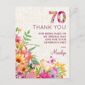Elegant Leinen 70. Geburtstag Danke Postkarte
