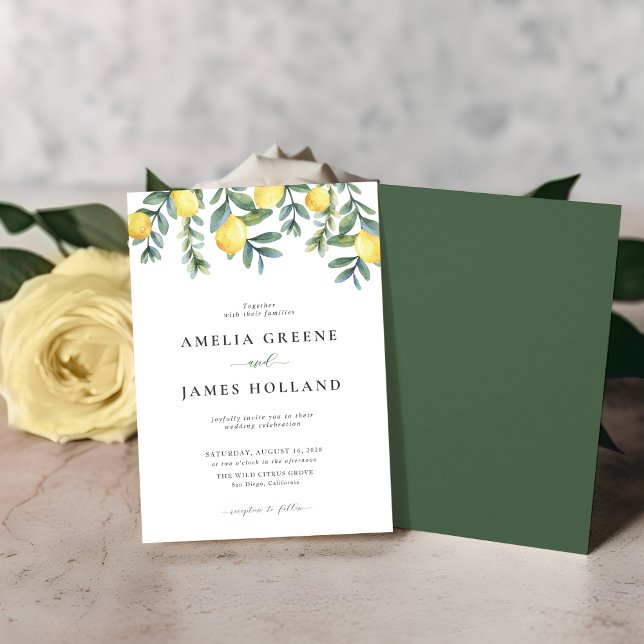 Elegant Lemon Citrus Watercolor Wedding Einladung (Botanical Lemon Citrus Wedding invitation shown with green back file)