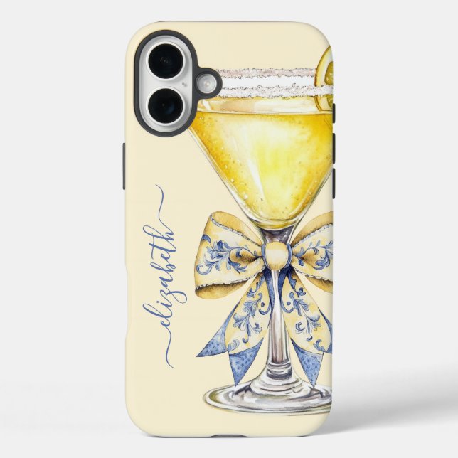 Elegant Lemon Drop Martini Monogrammed iPhone 16 Plus Hülle (Rückseite)