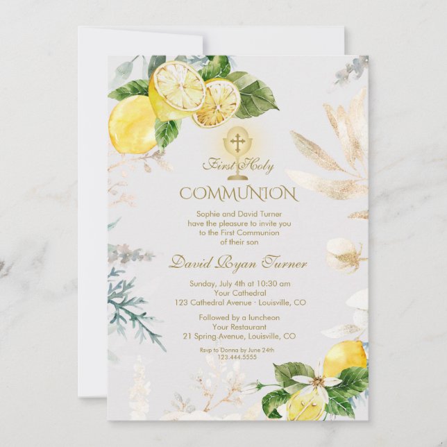 Elegant Lemon Fruit Gold Gold Erstklassige Goldene Einladung (Vorderseite)