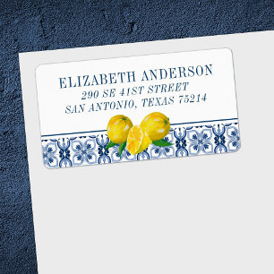 Elegant Lemon Italian Blue Tile Adressaufkleber