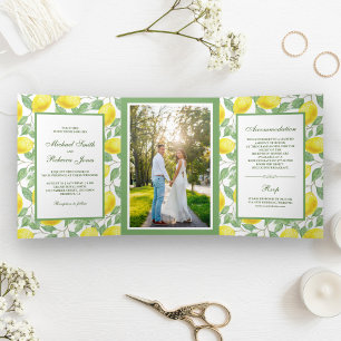 Elegant Lemon Orchard Greenery Wedding Foto Dreifach Gefaltete Einladung