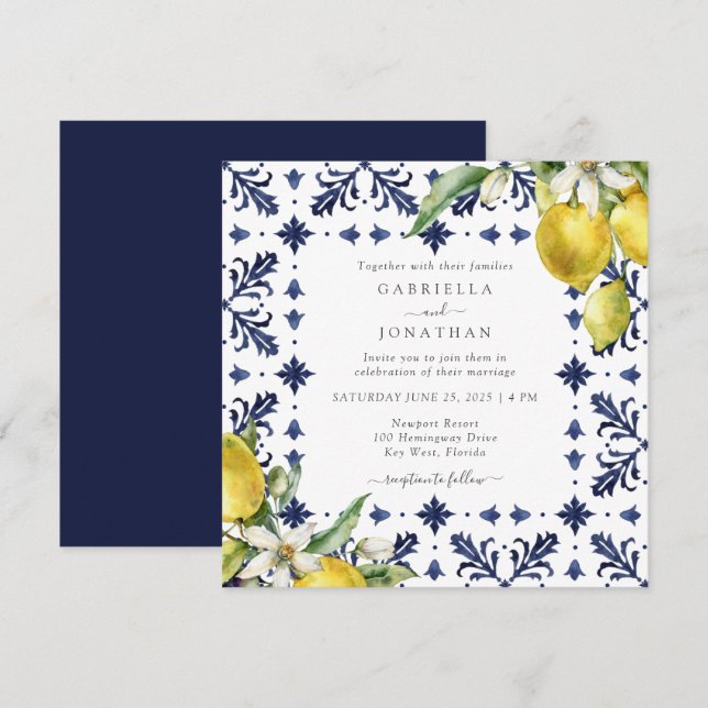 Elegant Lemon Watercolor Blue Tile Wedding Einladung (Vorne/Hinten)