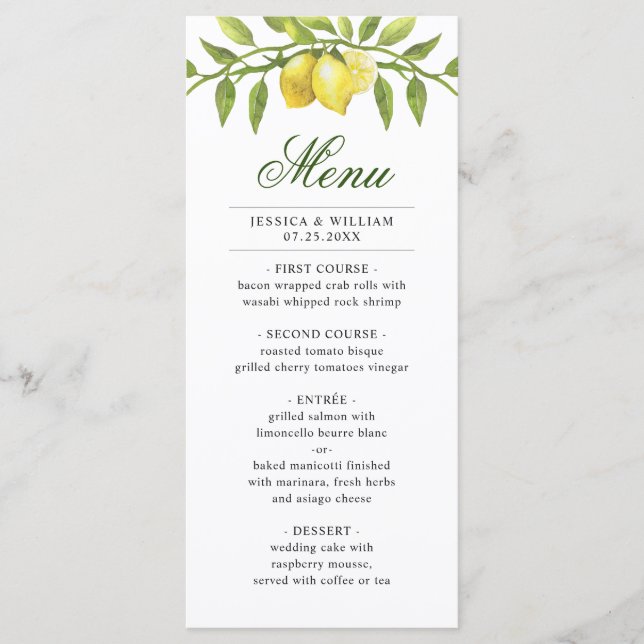 Elegant Lemons Greenerity Hochzeitsessen Menükarte (Vorderseite)