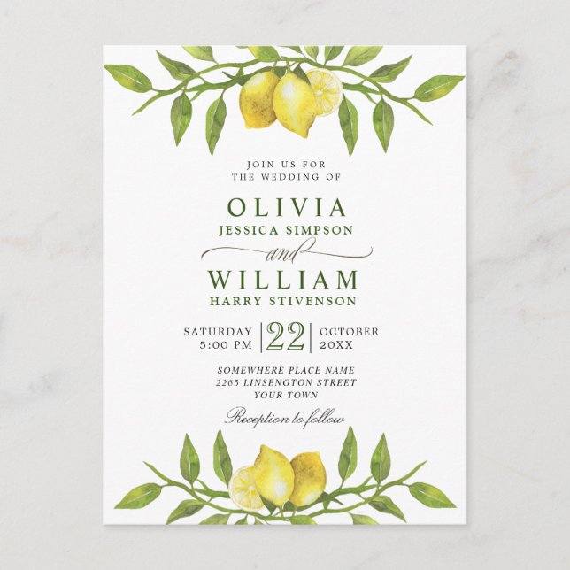 Elegant Lemons Greenerity Wedding Einladung Postkarte (Vorderseite)