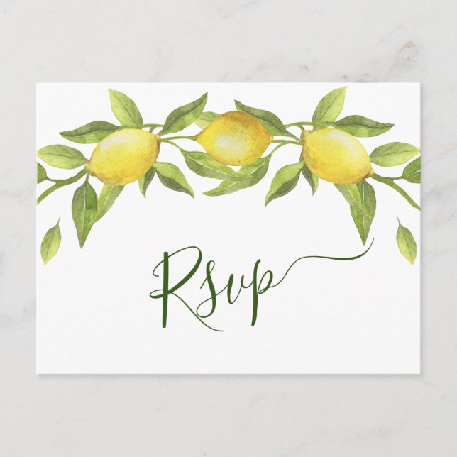 Elegant Lemons Watercolor Greenerity Wedding RSVP Postkarte (Vorderseite)