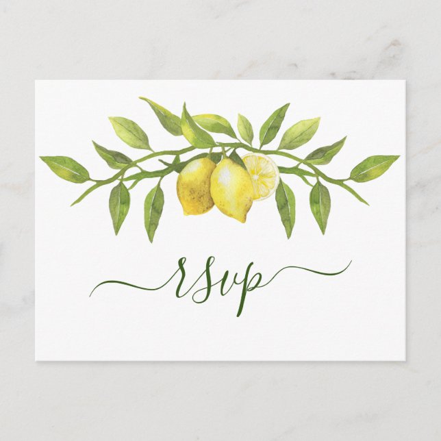 Elegant Lemons Watercolor Greenerity Wedding RSVP Postkarte (Vorderseite)