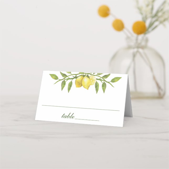 Elegant Lemons Watercolor Grüne Hochzeit Platzkarte (Vorderseite)