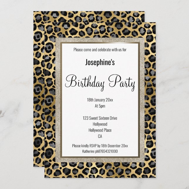 ELEGANT LEOPARD SCHWARZ GOLD PATTERN GEBURTSTAG EINLADUNG (Vorne/Hinten)