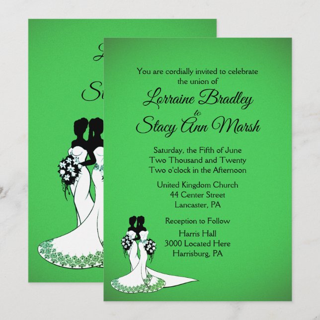 Elegant Lesbian Wedding Green Einladung (Vorne/Hinten)