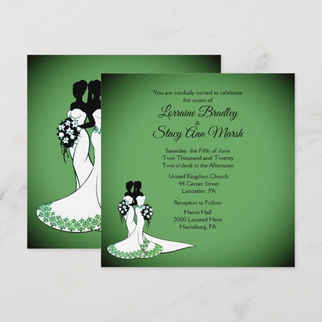 Elegant Lesbian Wedding Invitation Emerald Einladung (Vorne/Hinten)