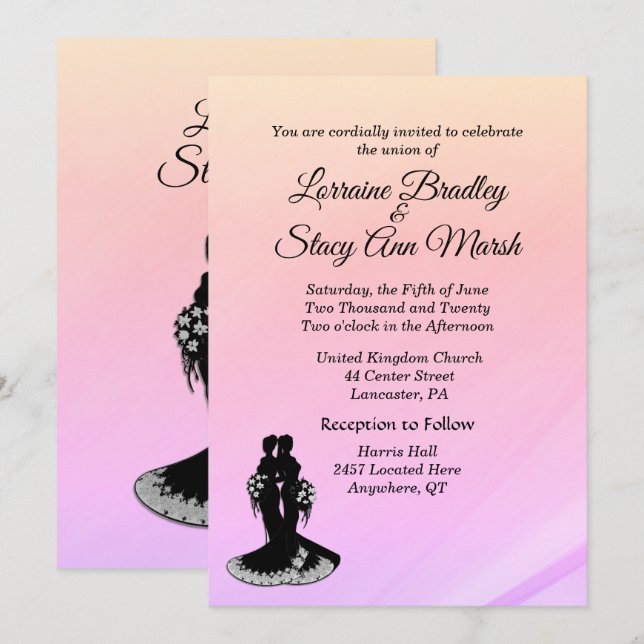 Elegant Lesbian Wedding Pinks Einladung (Vorne/Hinten)