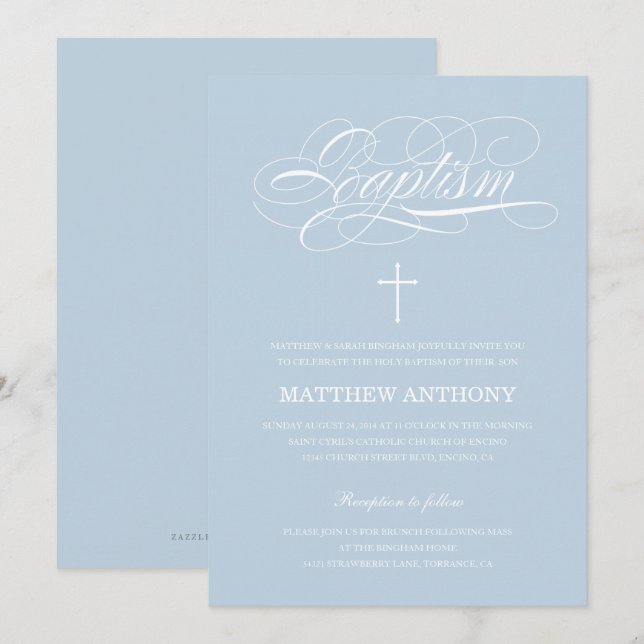 Elegant Light Blue Calligraphy Baptisse Einladung (Vorne/Hinten)