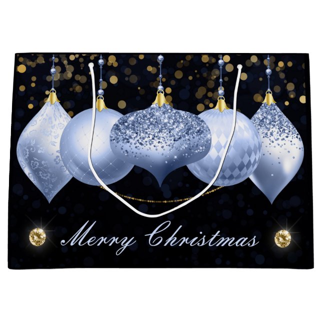 Elegant Light Blue & Gold Baubles Frohe Weihnachte Große Geschenktüte (Vorderseite)