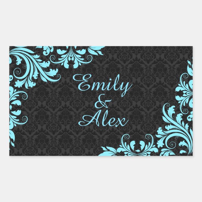 Elegant Light Blue Lace Black Damasks Rechteckiger Aufkleber (Vorderseite)