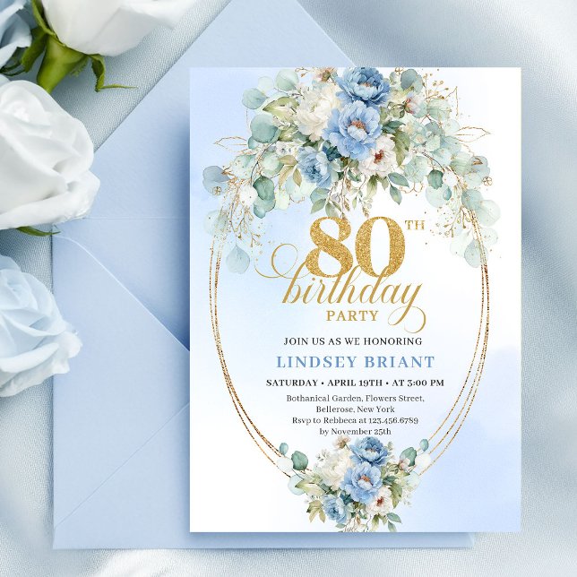 Elegant Light Blue Peony Floral Gold 80th Birthday Einladung (Elegant Light Blue Peony Floral Gold 80th Birthday Invite)