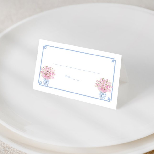 Elegant Light Blue Pink Chinoserie Ladys Luncheon Platzkarte (Preppy pale blue and pink chinoiserie wedding shower place cards)