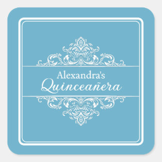 Elegant Light Blue Quinceañera Birthday Gefallen Quadratischer Aufkleber