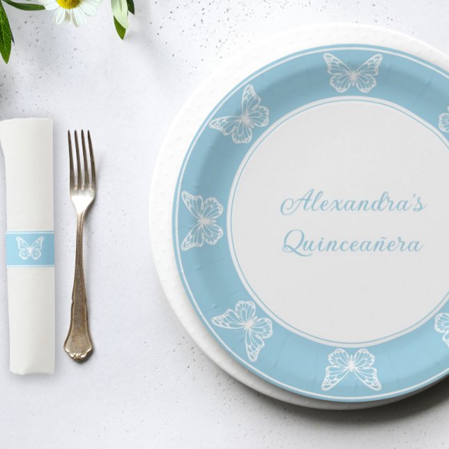 Elegant Light Blue Quinceañera - Schmetterlingskla Pappteller (Light blue quince decor - Disposable food plates)