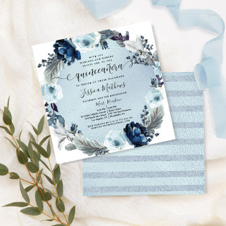 Elegant Light Blue Quinceñera, floral Einladung