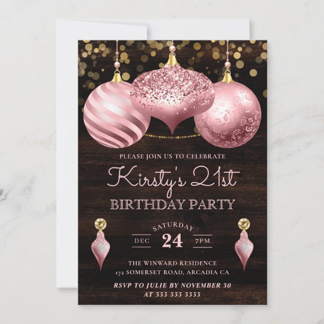Elegant Light Pink Christmas Baubles 21. Geburtsta Einladung (Vorderseite)