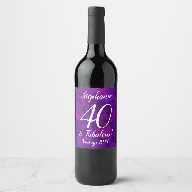 Elegant Lila 40 und Fabelous Jahr Personalisiert Weinetikett (Vorderseite)
