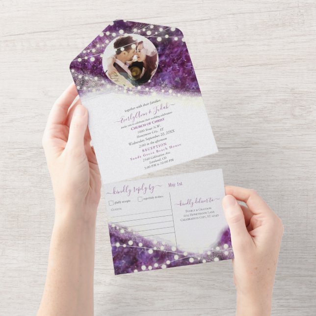 Elegant Lila Amethyst Crystal Geode Wedding All In One Einladung (Abreißen)