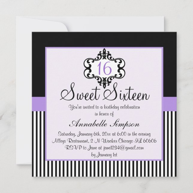 Elegant Lila & Black Chic Sweet 16 Einladung (Vorderseite)