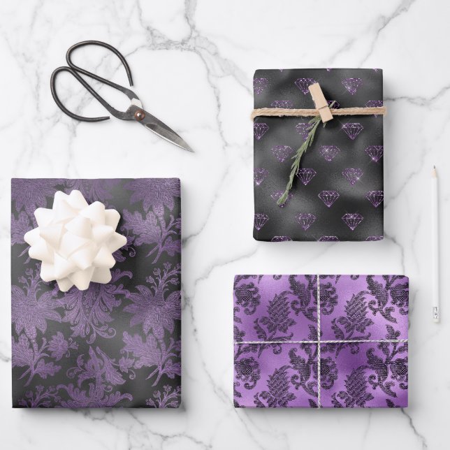 Elegant Lila Black Floral Geschenkpapier Set (Vorderseite)