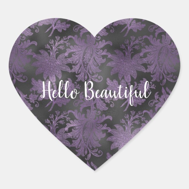 Elegant Lila Black Floral Herz-Aufkleber (Vorderseite)