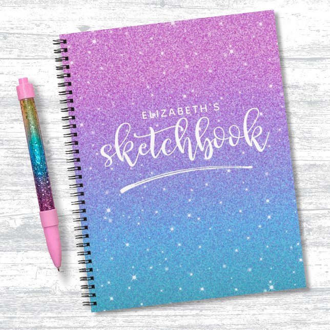 Elegant Lila Blue Glitzer Ombre Sketchbook Notizbuch (A cute pupuple and blue glitter sketchbook. Personalize it with your name.)