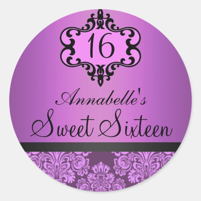 Elegant Lila Chic Damask Sweet 16 Aufkleber (Vorderseite)