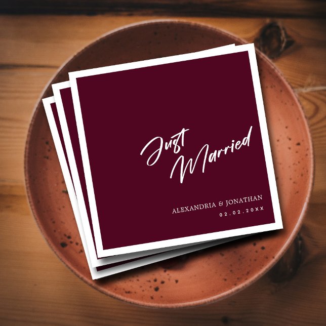 Elegant Lila einfach verheiratet Custom Wedding Na Serviette ( Simple Just Married Burgundy Custom Wedding  Napkins)