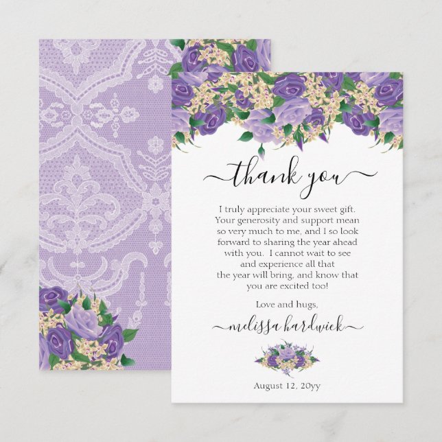 Elegant Lila floral | Lace Birthday Party Dankeskarte (Vorne/Hinten)