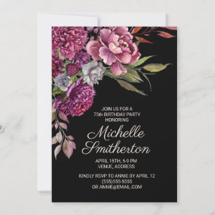 Elegant lila floral schwarz 75. Geburtstag Einladung