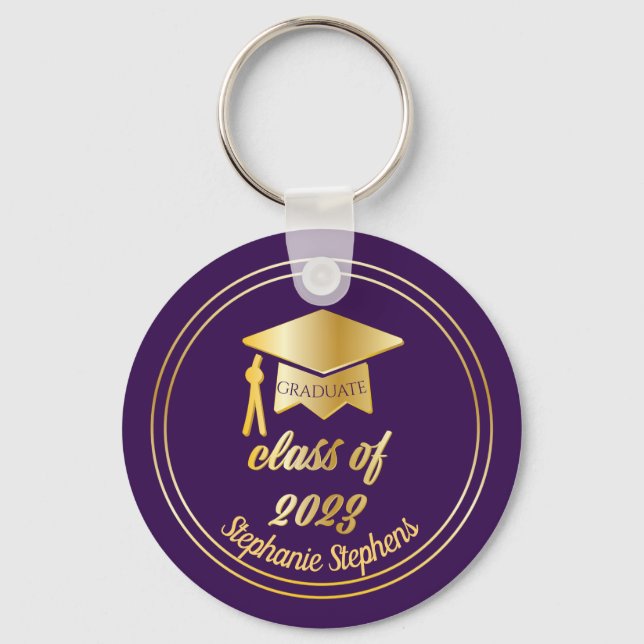 Elegant Lila |Gold 2023 Graduate Cap Abschluss Schlüsselanhänger (Vorderseite)