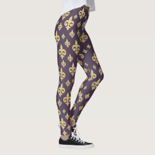 Elegant Lila & Gold Fleur-de-Lis   Mardi Gras Leggings