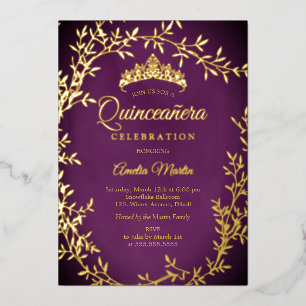 Elegant Lila Gold Leaf Wreath Quinceanera Folieneinladung