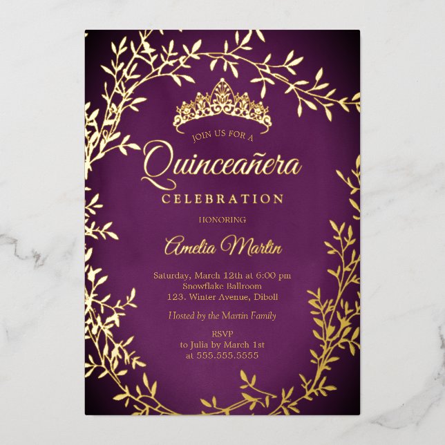 Elegant Lila Gold Leaf Wreath Quinceanera Folieneinladung (Vorderseite)