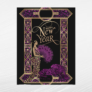 Elegant Lila Gold Leopard Lady Art Deco Neujahr Feiertagspostkarte