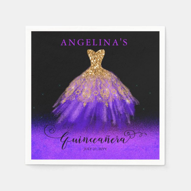 Elegant Lila | Gold Spanish Gown Quinceañera Serviette (Vorderseite)