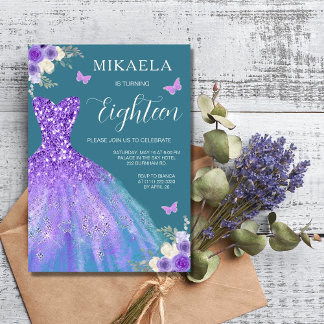 Elegant Lila Gown Floral 18. Geburtstag Einladung