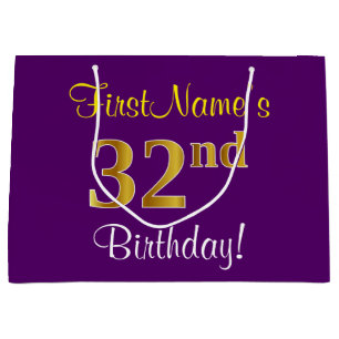 Elegant, lila, Imitat-Gold32. Geburtstag + Name Große Geschenktüte