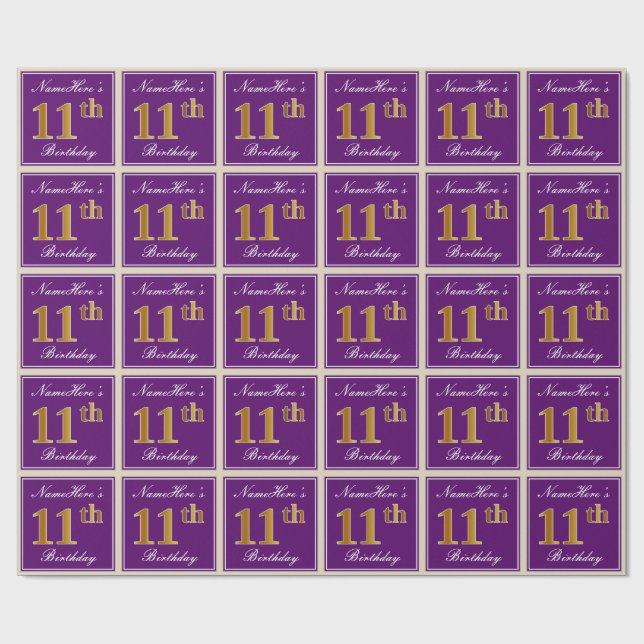 Elegant, Lila, Imitate Gold 11. Geburtstag + Name Geschenkpapier (Flach)