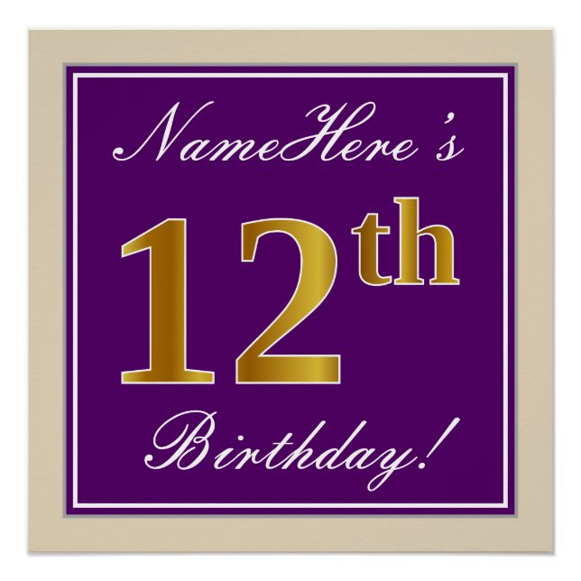 Elegant, Lila, Imitate Gold 12. Geburtstag + Name Poster (Vorderseite)