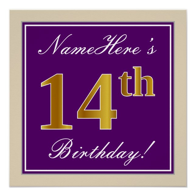 Elegant, Lila, Imitate Gold 14. Geburtstag + Name Poster (Vorderseite)